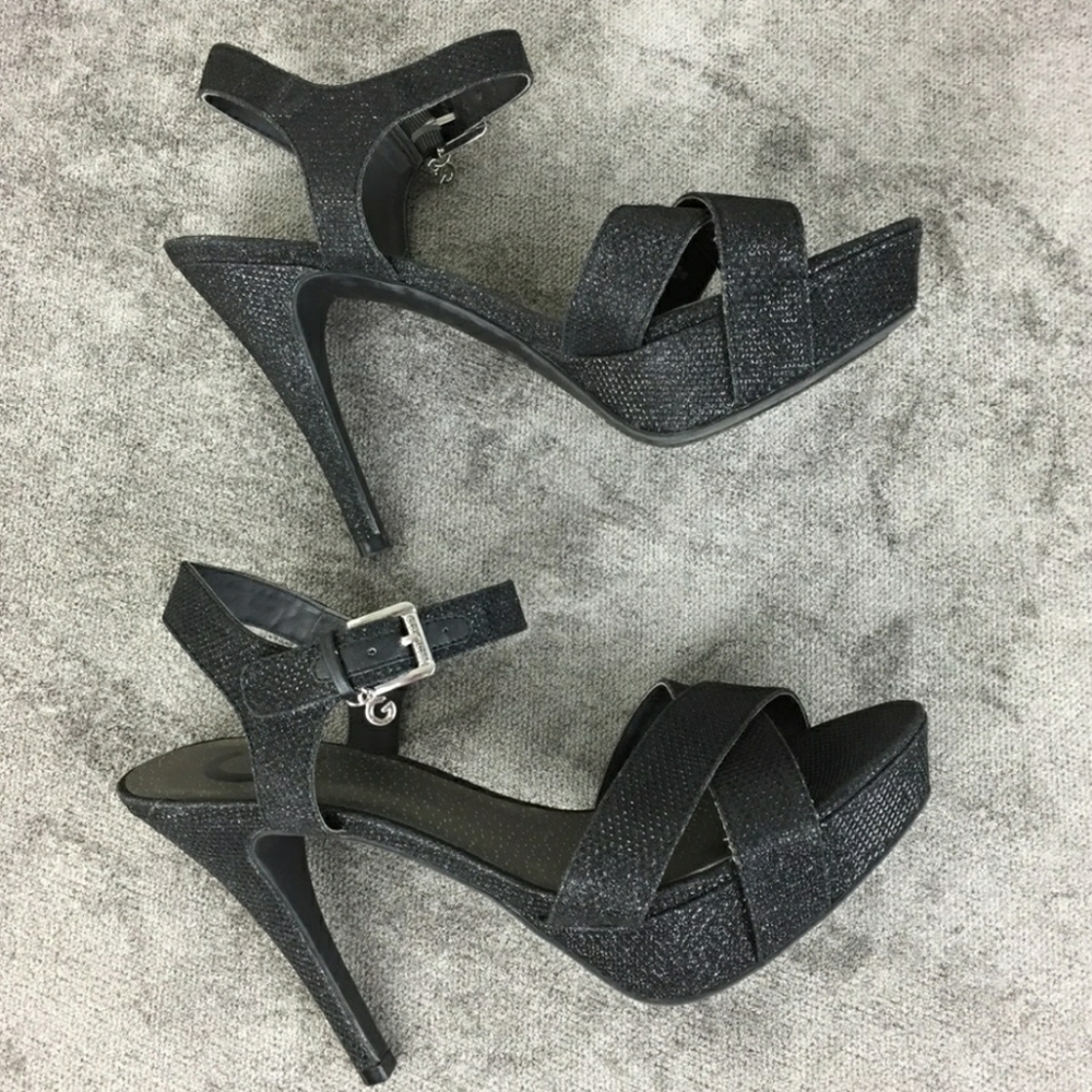G Guess Black & Silver Strap Heels Size 8.5M